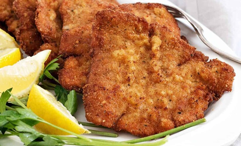 Pork Schnitzel, Baked Potato and Vegetables
