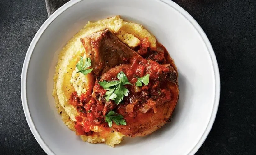 Grilled Pork Chops & Puttanesca with Polenta