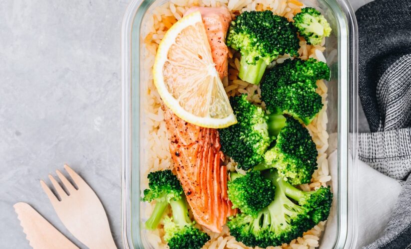 Chile Crisp and Honey Roasted Salmon with Coconut-Lime Jasmine Rice and Broccoli