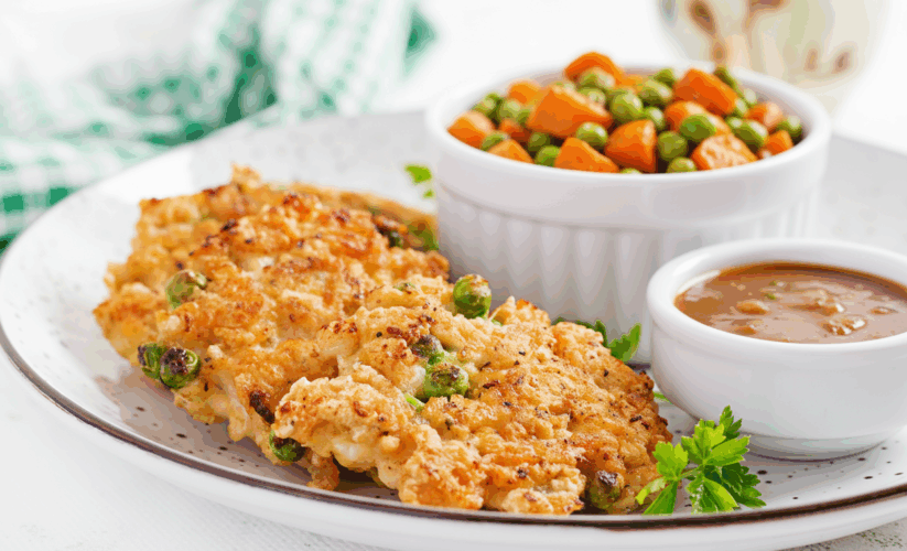 Pork Schnitzel with Baked Potato and Peas & Carrots
