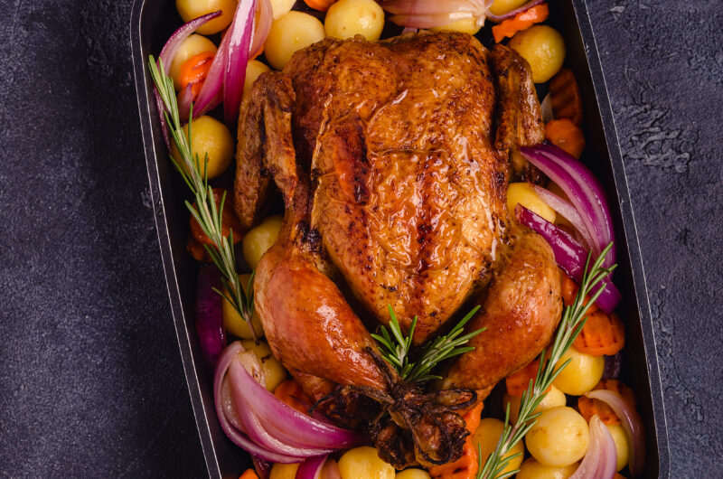 Buttermilk Marinated Whole Chicken with Roasted Veggies & Rainbow Potato Medley