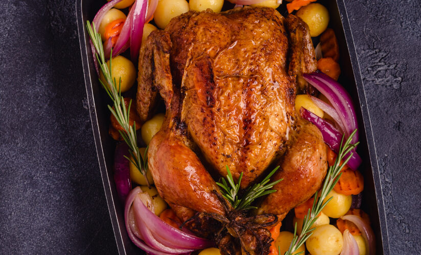 Buttermilk Marinated Whole Chicken with Roasted Veggies & Rainbow Potato Medley